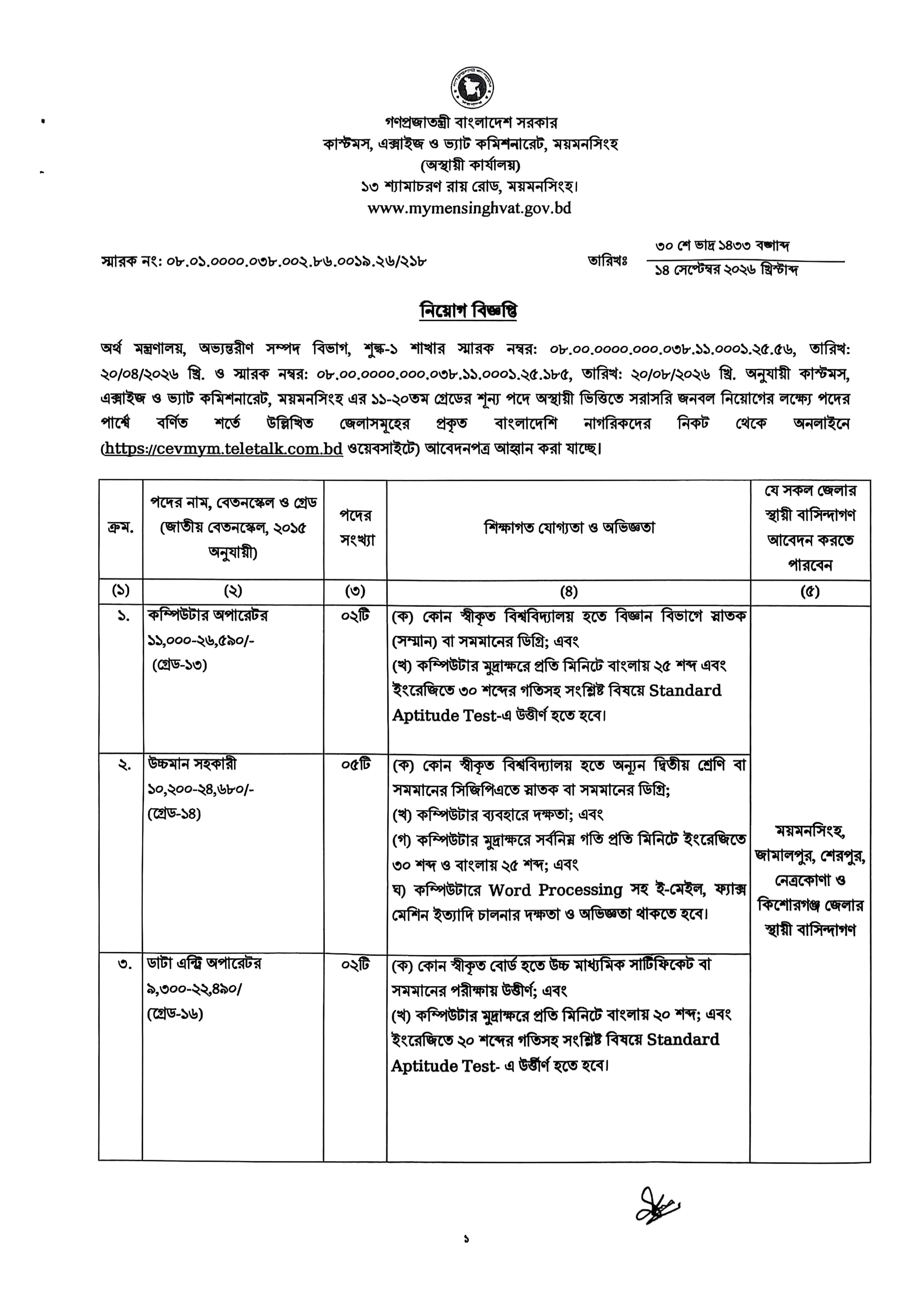 কাস্টমস, এক্সাইজ ও ভ্যাট কমিশনারেট নিয়োগ বিজ্ঞপ্তি ২০২৬ - Page 1